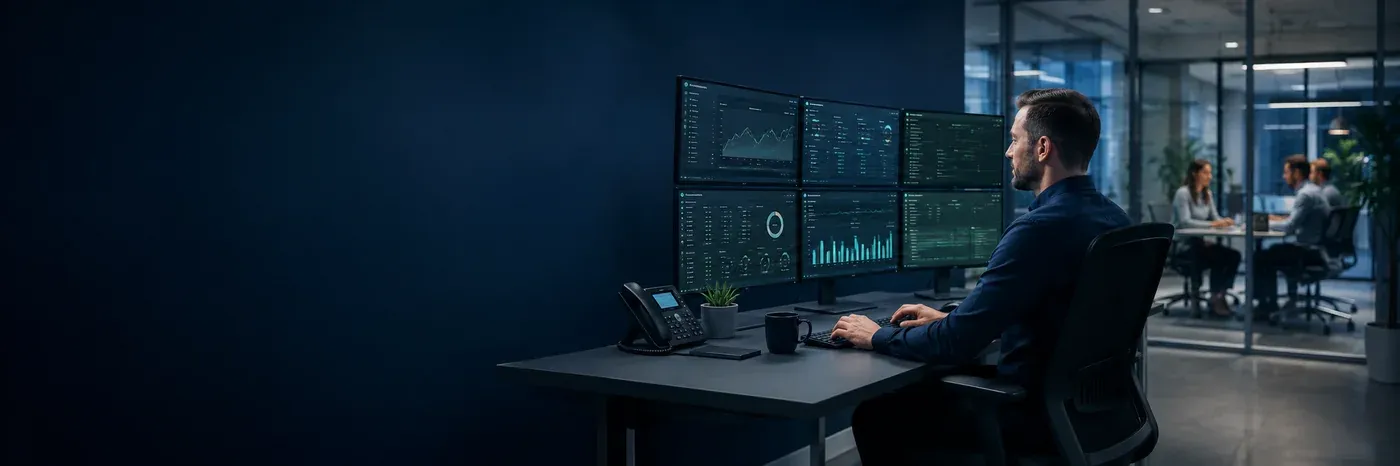 IT-Techniker überwacht Systeme, im Hintergrund das Team im Gespräch