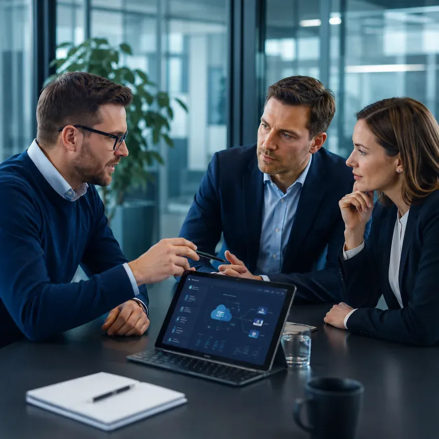 Besprechung zu dritt mit Tablet im Büro